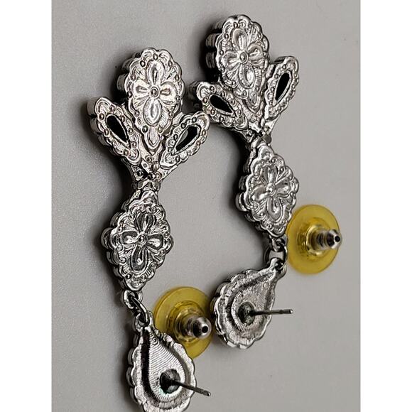 Turquoise Coral Cabochon Dangle Earrings Silver Tone Vintage Style - Picture 6 of 7